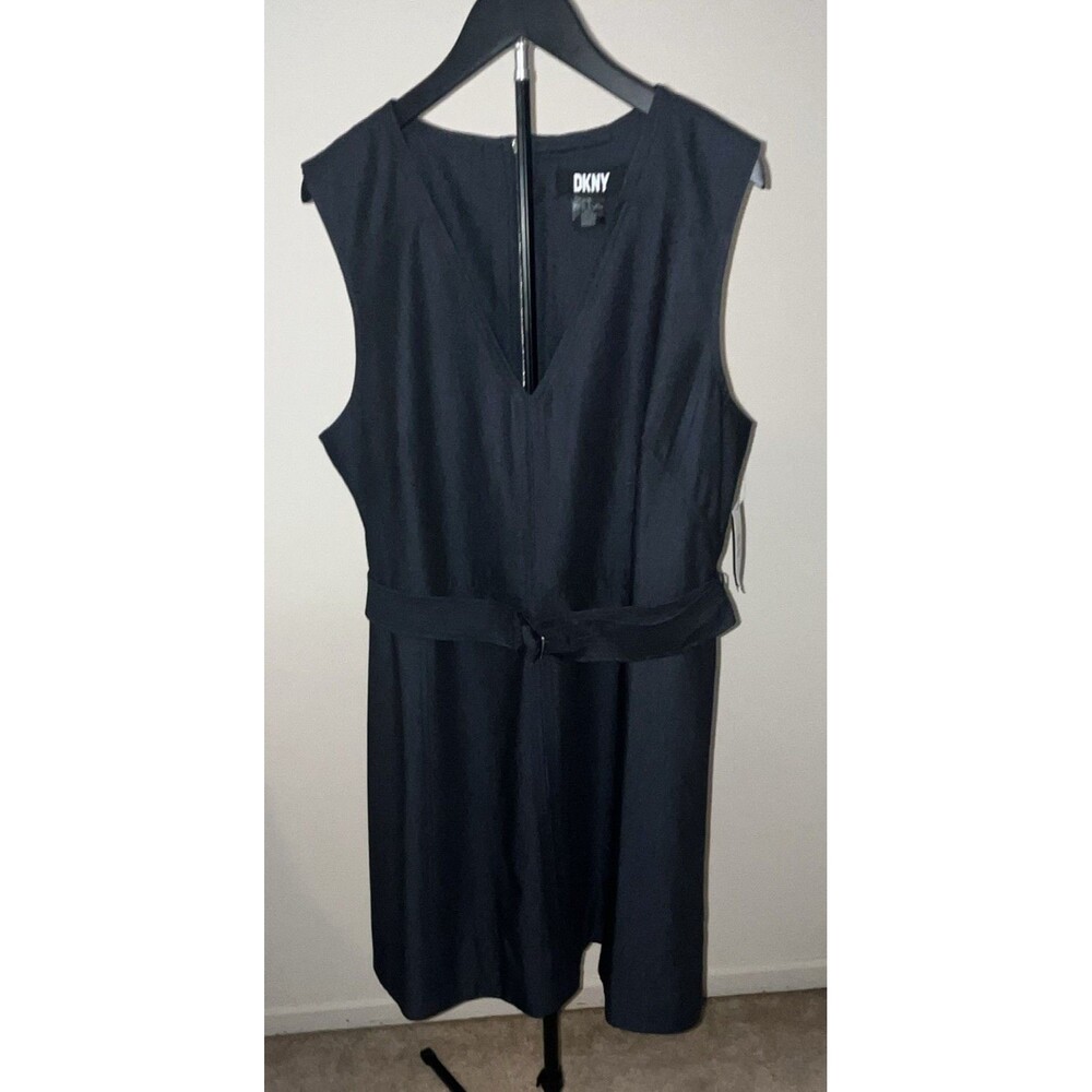 DKNY Denim color Solid V-Neck Sleeveless Knee Sheath Belted Dress Womens 16